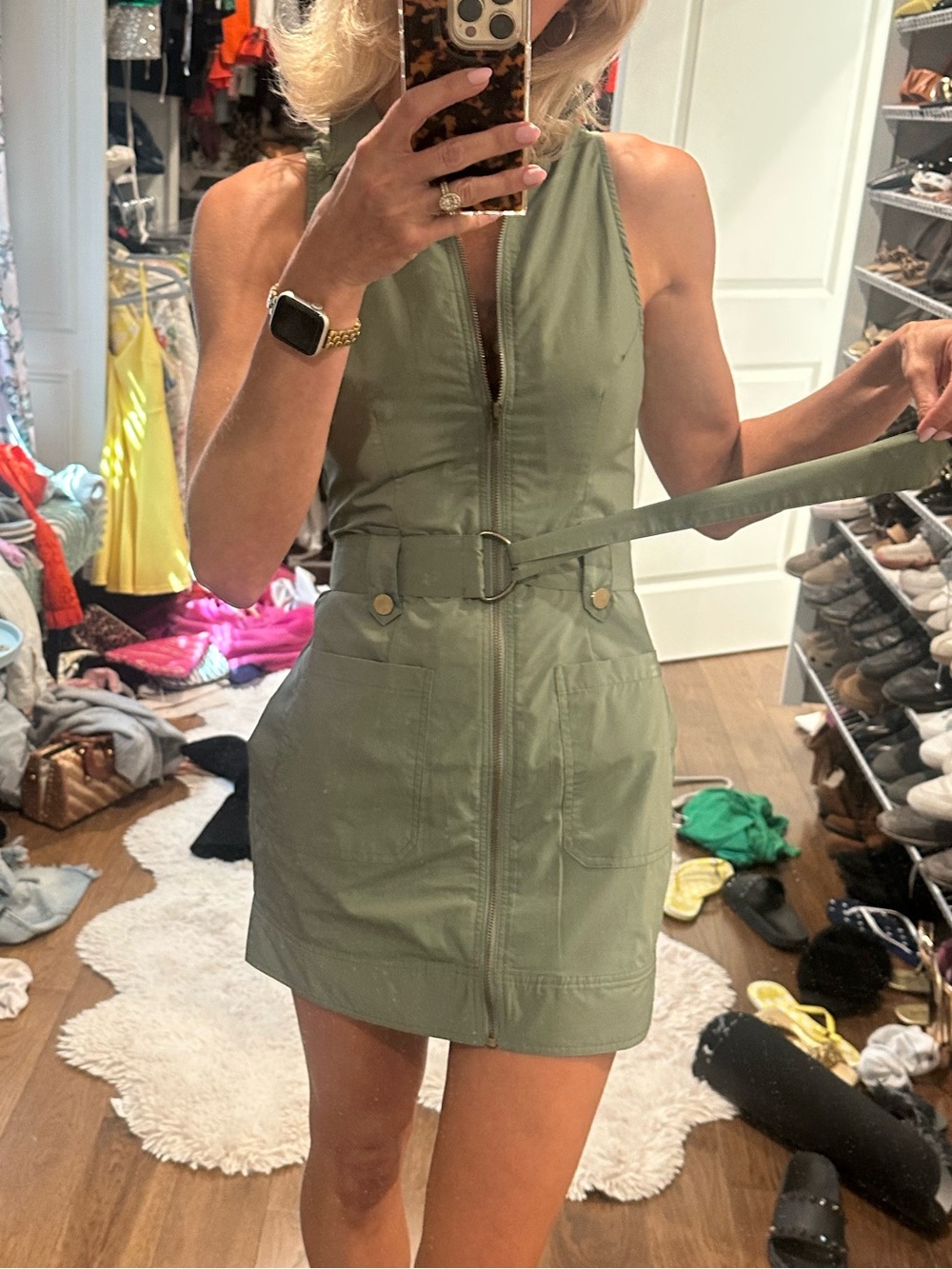 Superdown Sofia Army Green Utility Belted Zip Front Mini Dress